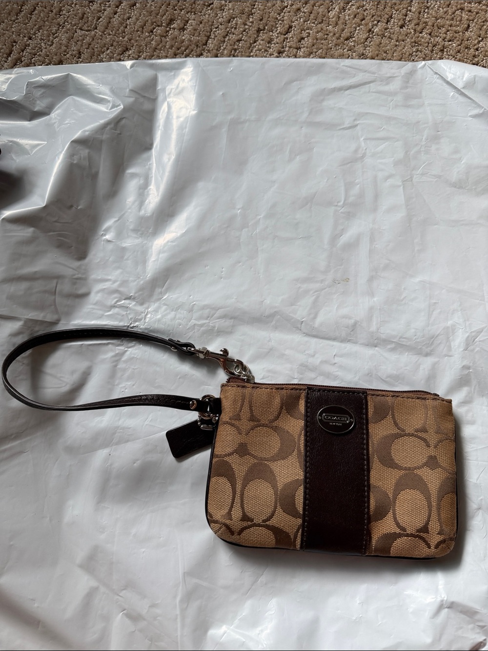 Coach Tan and Brown Signature Canvas Wristlet with Leather Trim